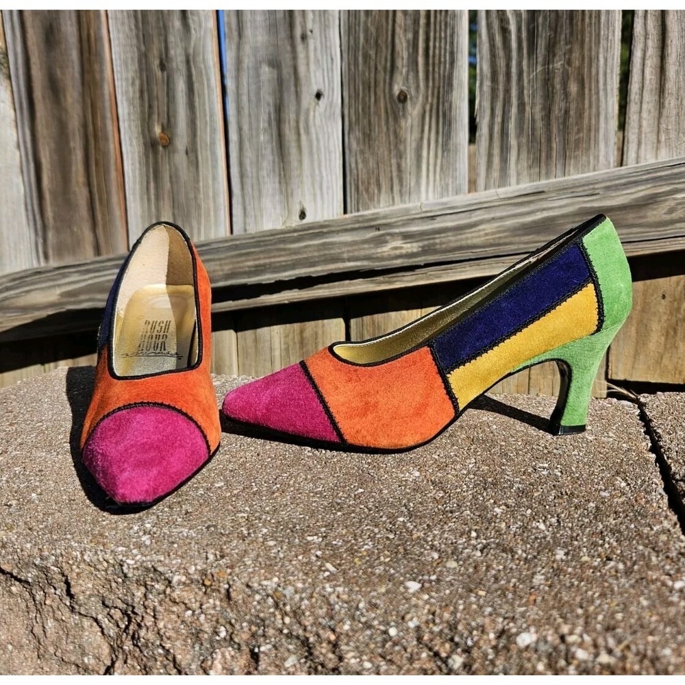 Vtg 80's Rush Hour Leather Suede Color Block Heels 6/6.5B